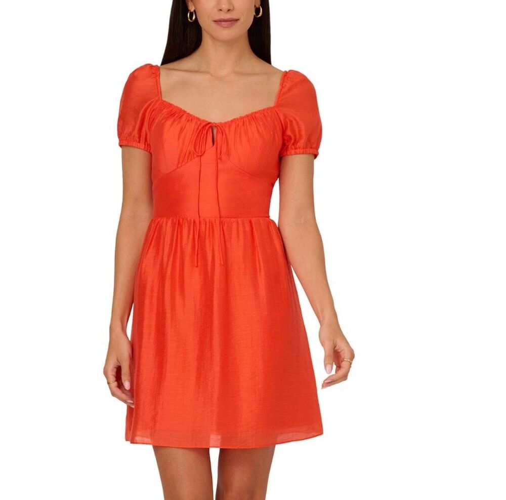 Adrianna Papell Women's Puff-Sleeve Sweetheart Fit & Flare Orange Sz 8 Dress